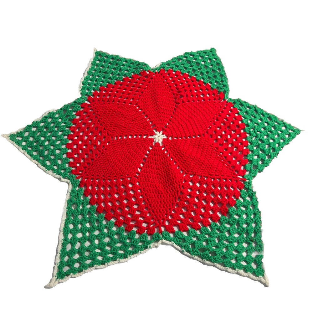 Vintage Christmas Poinsettia 37" Large Red Doily Table Topper Hand-l‎ Crochet